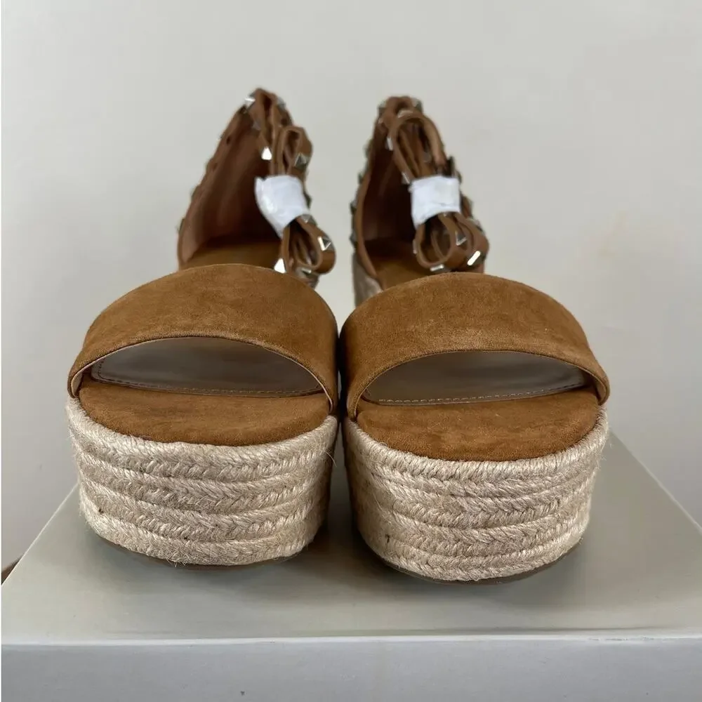 Marc Fisher Jazlyn Studded Espadrille Wedge Sandal Brown Suede Women's Size 8.5